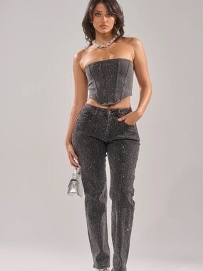Rhinestone Embellished Denim Corset & Jeans Set